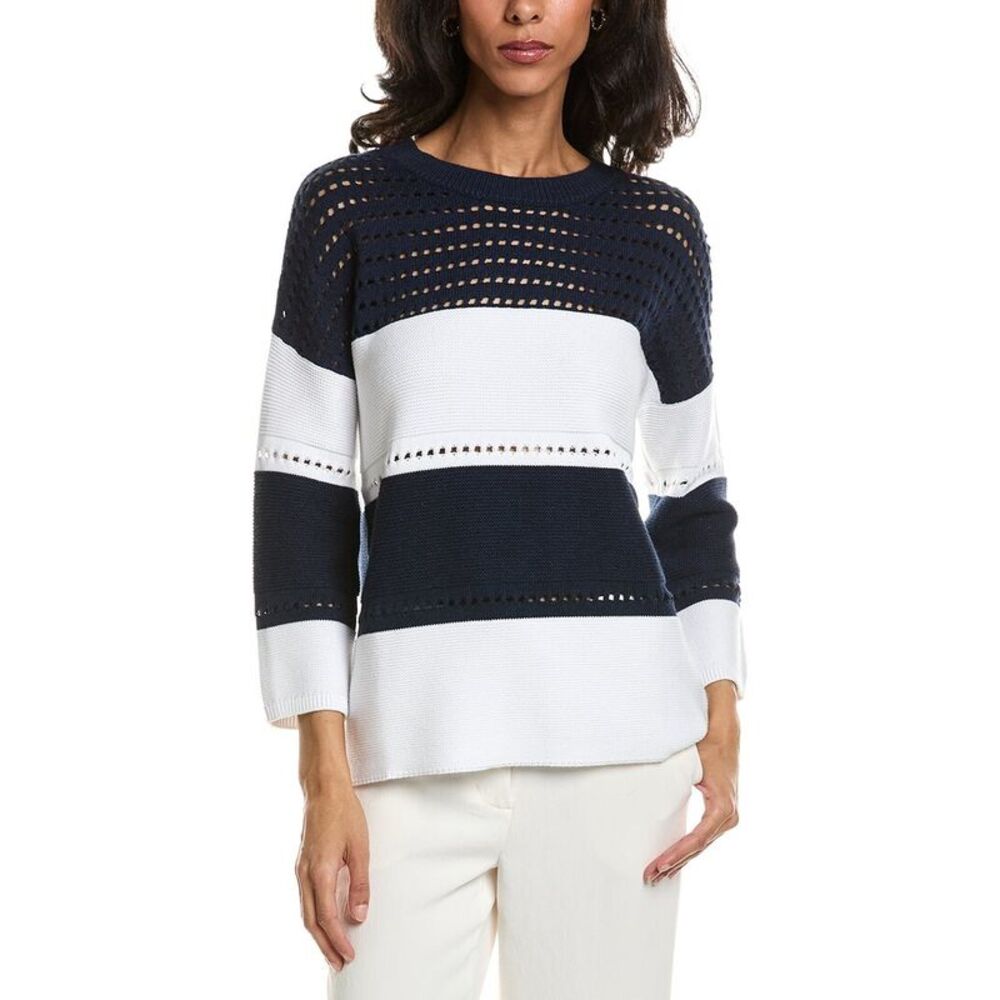 Forte Womens  Textured Wide Stripe Pullover, Navy